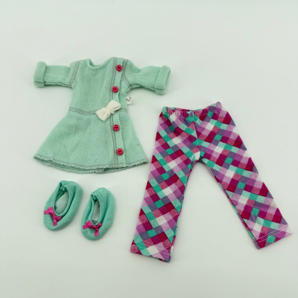 American Girl Wellie Wishers Doll Outfit Green Plaid Tunic Leggings Shoes Set